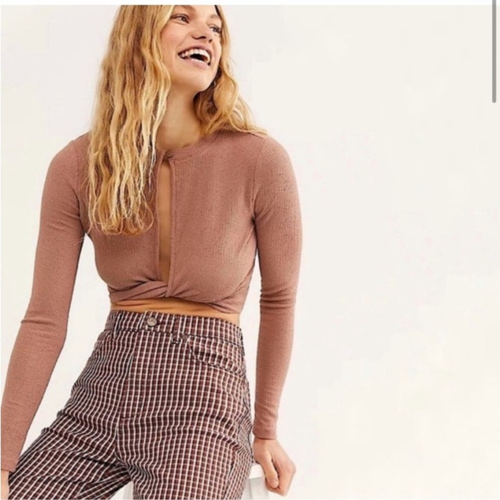 Free People FP Beach Cozumel Long Sleeve Crop Top Sz Small Pink Dusty Rose